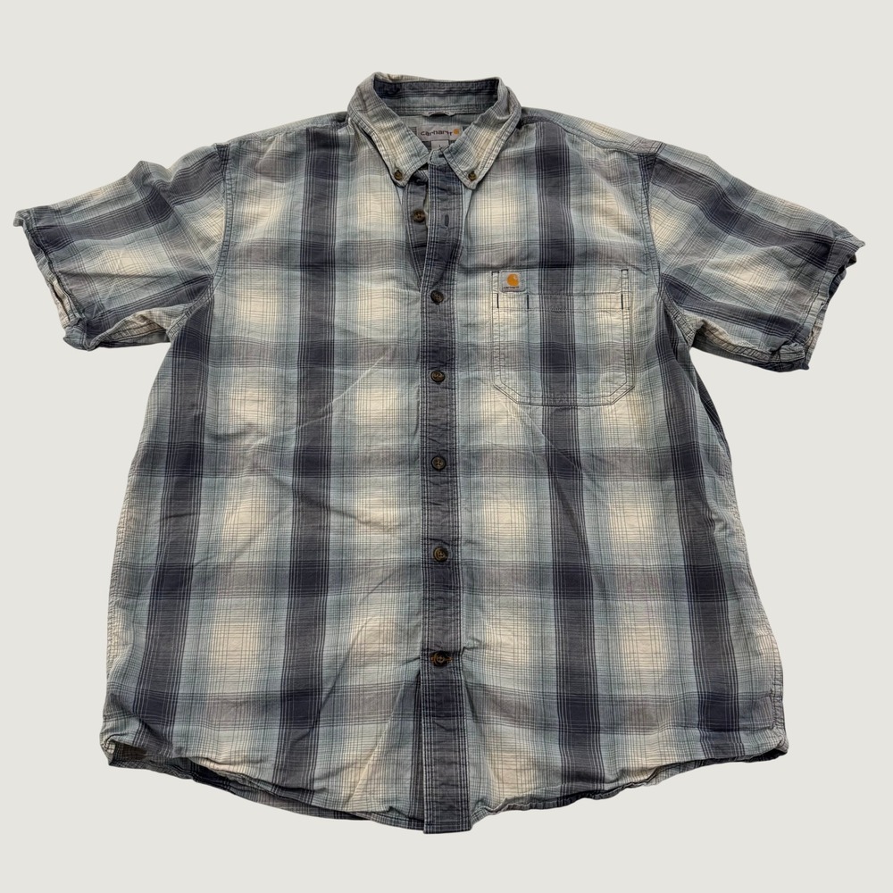 Carhartt Shirt Mens Large Blue Gray Plaid Relaxed Fit Short Sleeve Button Down